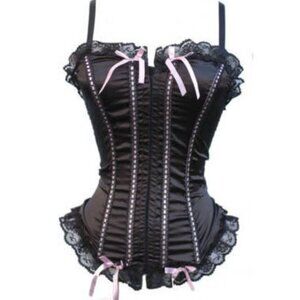 Black Satin Ruffled Lace Bustier Corset - NEW